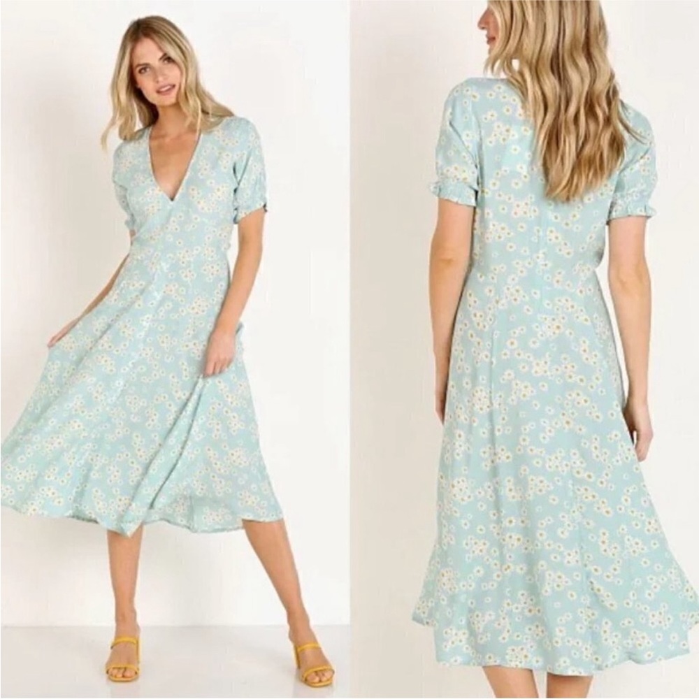 Faithfull The Brand Mejia Zhoe Floral Daisy Midi Dress Puff Sleeve Size 2